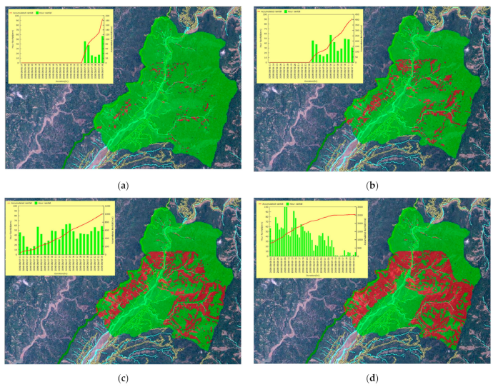 Figura 5: The real-time regional landslide-susceptibility display during Typhoon Morakot. (a) 06:00 on 7 August 2009. (b) 12:00 on 7 August 2009. (c) 00:00 on 8 August 2009. (d) 00:00 on 10 August 2009.
